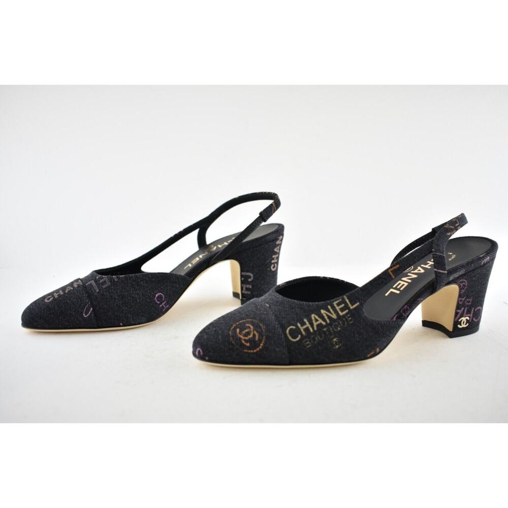 Chanel 22P Mademoiselle Coco Sling CC Black Grey Denim Slingback Sandal Heel 40 - Picture 10 of 12